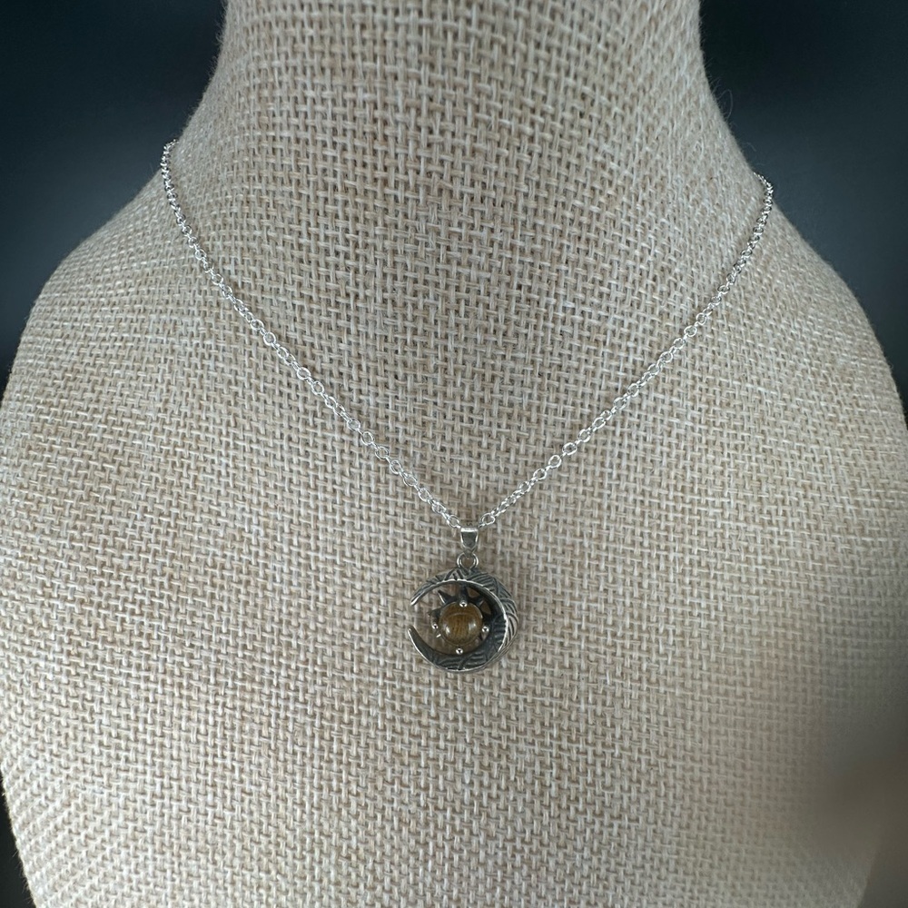 Rutilated Quartz and Silver Moon and Star Pendant Necklace on Box Chain - Picture 15 of 16